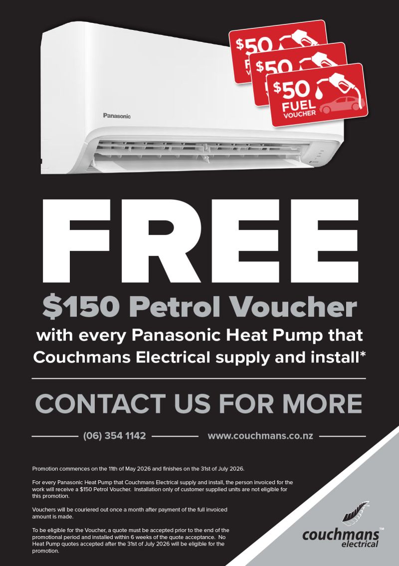 With every Panasonic Heat Pump supplied and installed by Couchmans Electrical receive 4 Free Movie Passes and a $70 Gift Card for Focal Point Cinema plus go in the draw to win a LED TV