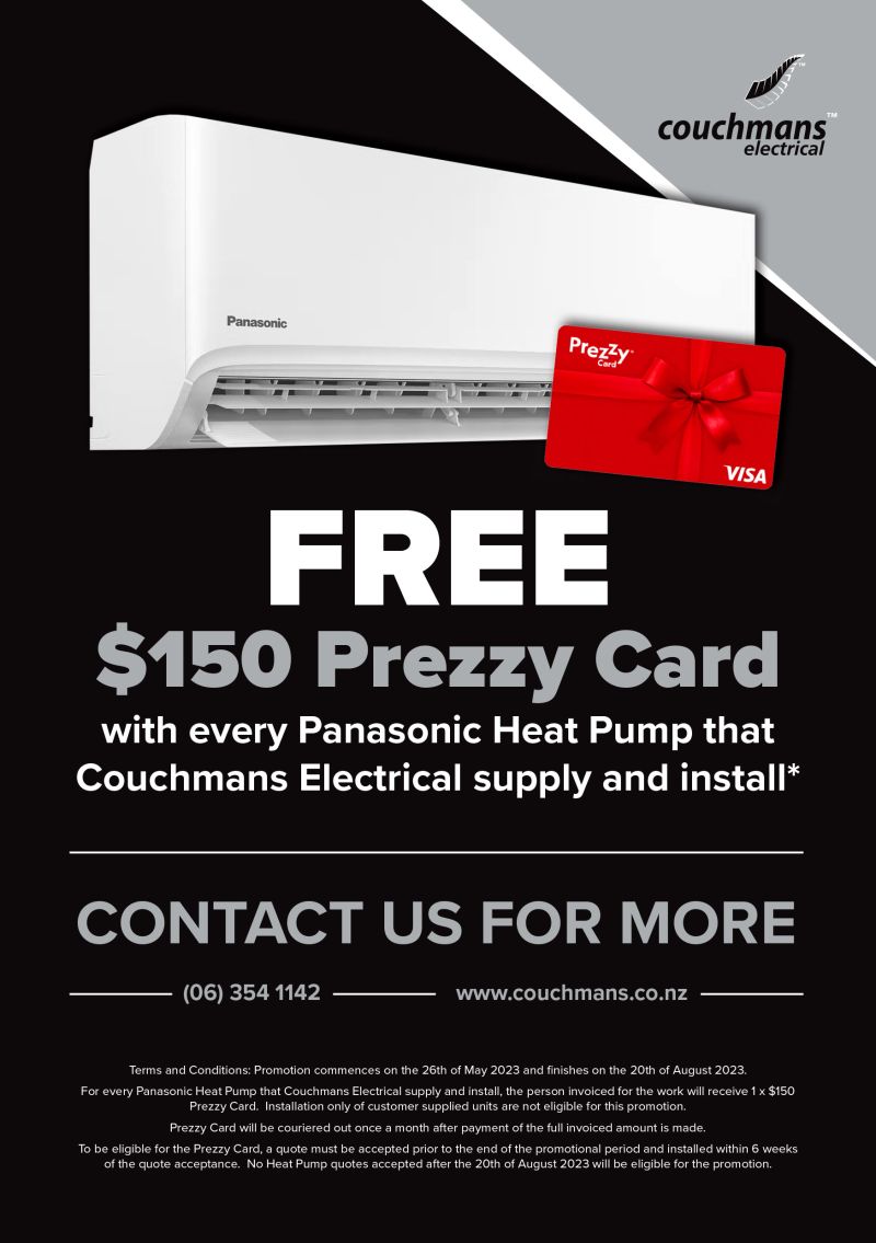 With every Panasonic Heat Pump supplied and installed by Couchmans Electrical receive 4 Free Movie Passes and a $70 Gift Card for Focal Point Cinema plus go in the draw to win a LED TV