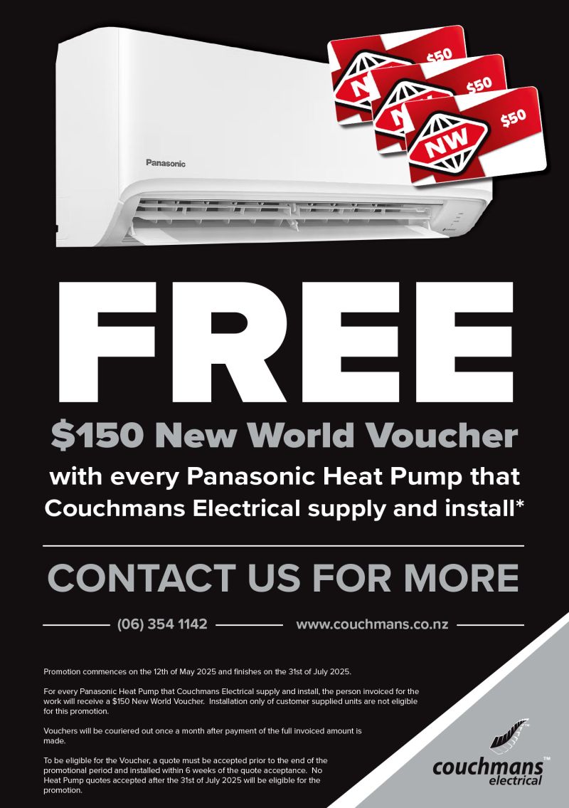 With every Panasonic Heat Pump supplied and installed by Couchmans Electrical receive 4 Free Movie Passes and a $70 Gift Card for Focal Point Cinema plus go in the draw to win a LED TV